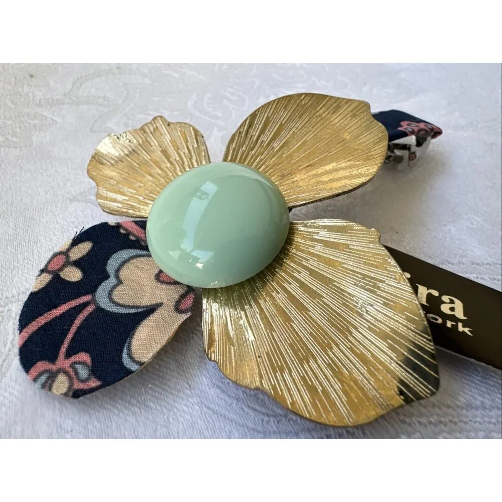 Cara NY Hair Barrette Pin Floral Gold Blue Enamel Cloth Steampunk NEW